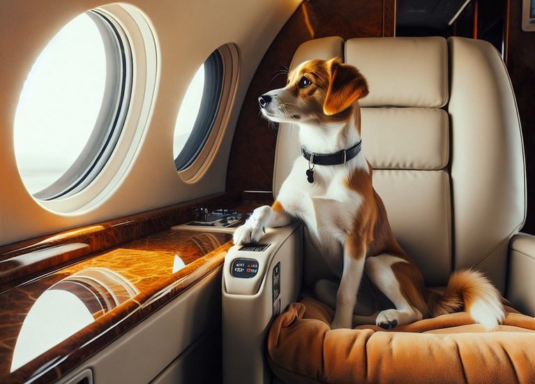 dog in a privat jet