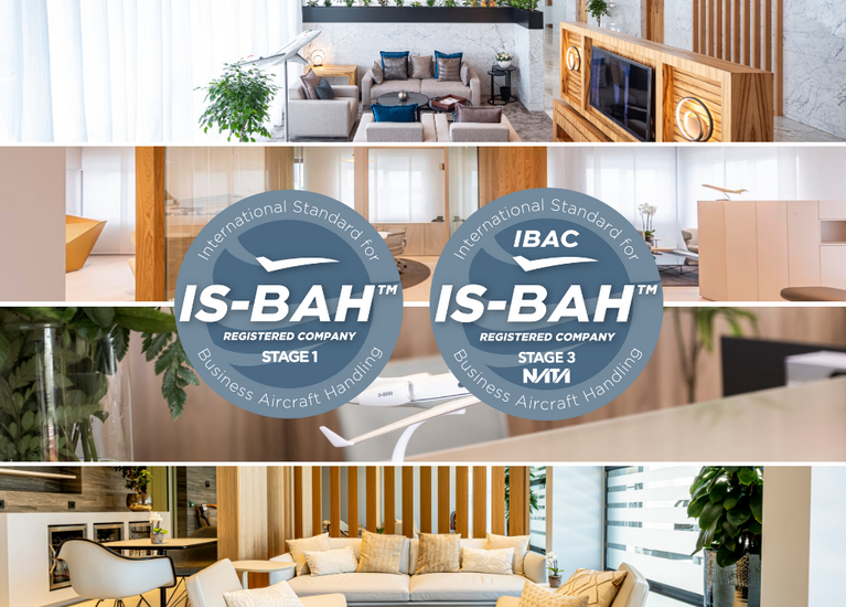 IS-BAH Stages von DC Aviation Group Die vier FBOs von DC Aviation Group, die IS-BAH zertifiziert sind, mit Siegel